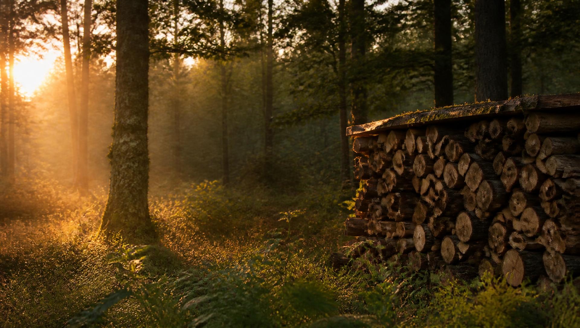 Pile de bûches de chêne en lisière de forêt au soleil couchant